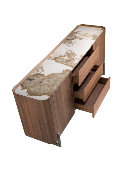 Aparador nogal, acero visón metal y tapa de mármol porcelánico