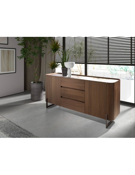 Aparador nogal, acero visón metal y tapa de mármol porcelánico