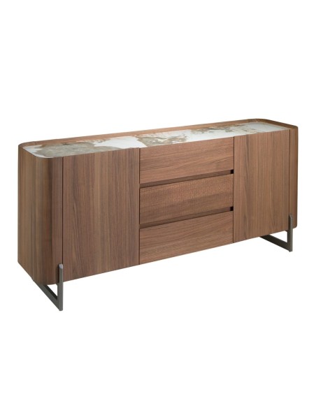 Aparador nogal, acero visón metal y tapa de mármol porcelánico