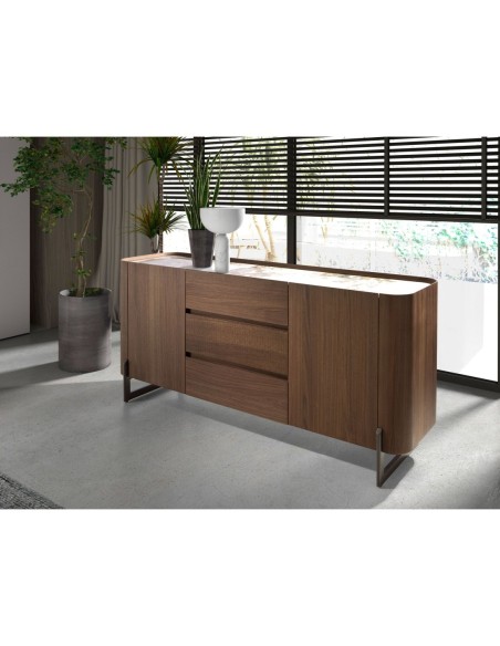 Aparador nogal, acero visón metal y tapa de mármol porcelánico