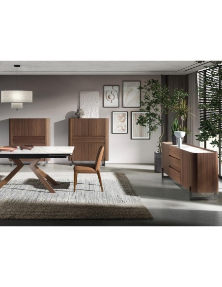 Aparador nogal, acero visón metal y tapa de mármol porcelánico