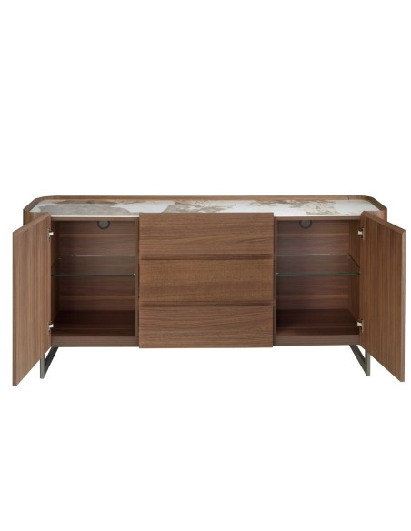 Aparador nogal, acero visón metal y tapa de mármol porcelánico