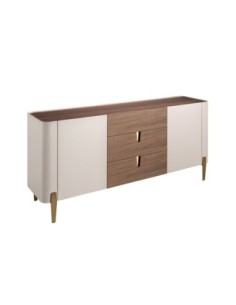 Aparador nogal, beige, acero pulido dorado y tapa de nogal