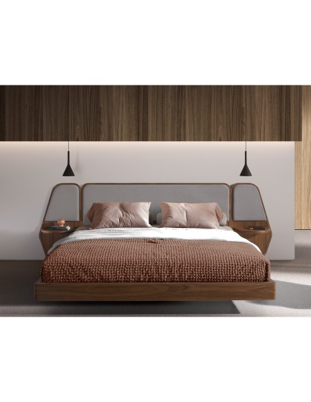 Cama nogal y tela color gris