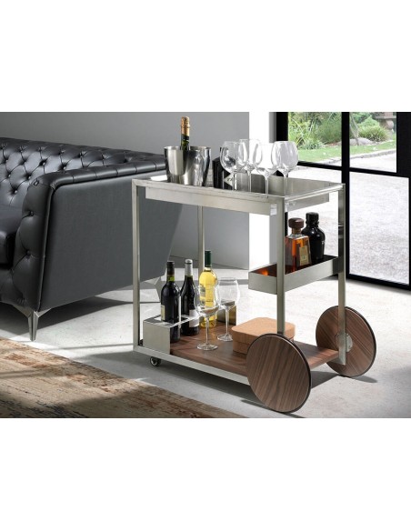 Carrito minibar acero y nogal