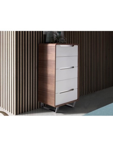 Chifonier madera blanco, nogal y acero cromado