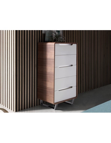 Chifonier madera blanco, nogal y acero cromado
