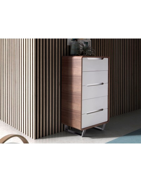 Chifonier madera blanco, nogal y acero cromado