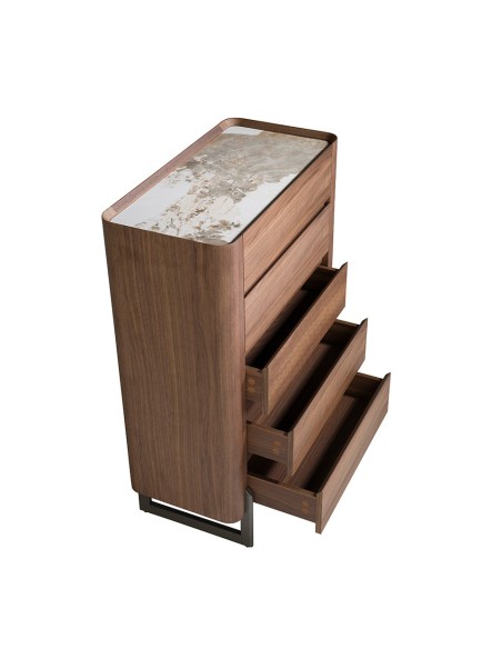 Chifonier nogal, acero visón metal y tapa de mármol porcelánico
