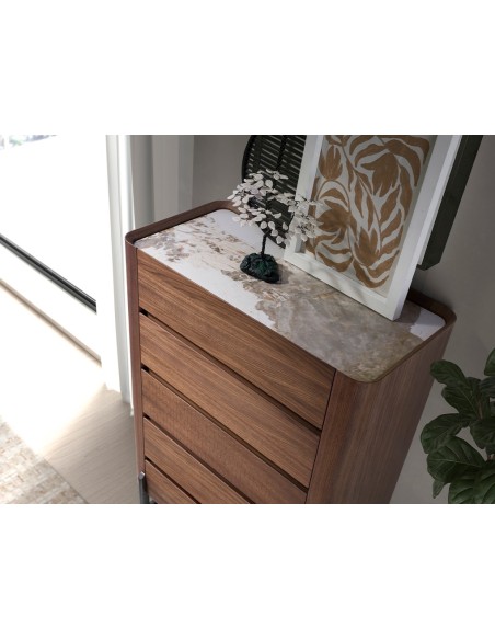 Chifonier nogal, acero visón metal y tapa de mármol porcelánico