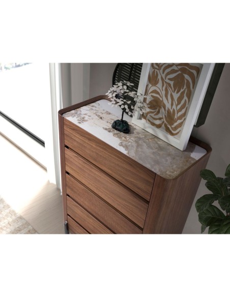 Chifonier nogal, acero visón metal y tapa de mármol porcelánico