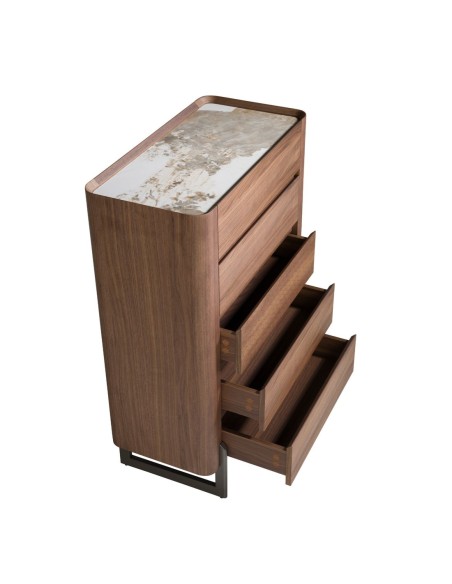 Chifonier nogal, acero visón metal y tapa de mármol porcelánico