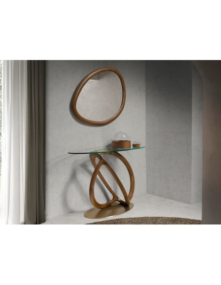 Consola ovalada cristal templado, nogal y acero pulido dorado