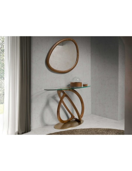 Consola ovalada cristal templado, nogal y acero pulido dorado