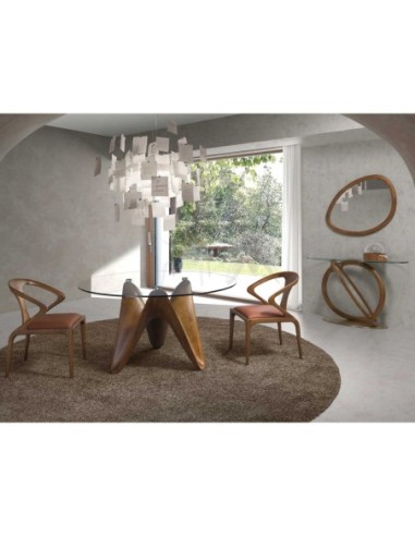 Consola ovalada cristal templado, nogal y acero...