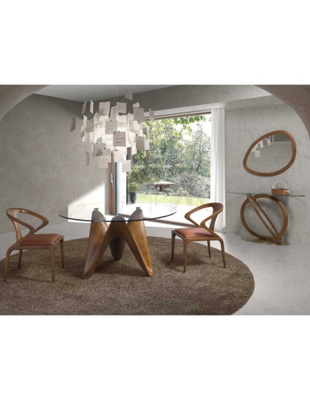 Consola ovalada cristal templado, nogal y acero pulido dorado