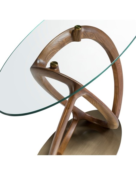 Consola ovalada cristal templado, nogal y acero pulido dorado