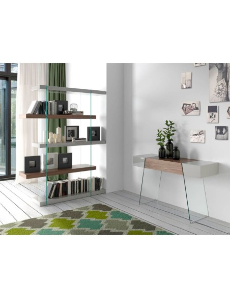 Consola rectangular madera gris, nogal y cristal templado