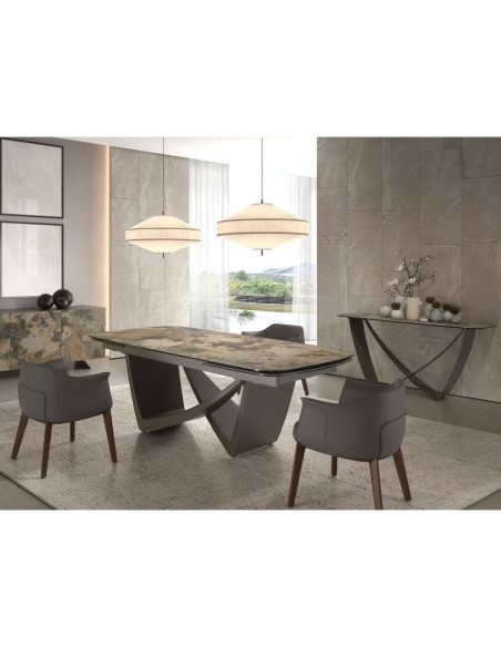 Consola rectangular mármol porcelánico y acero taupé metalizado