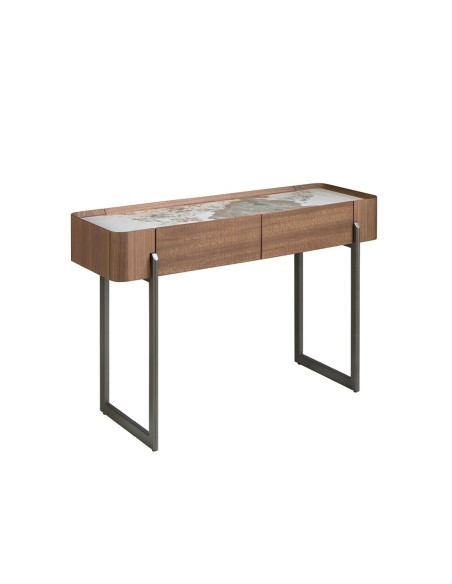 Consola rectangular mármol porcelánico, nogal y acero visón metal