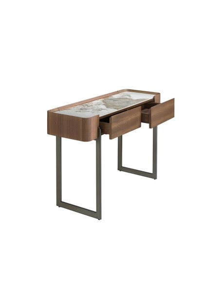 Consola rectangular mármol porcelánico, nogal y acero visón metal