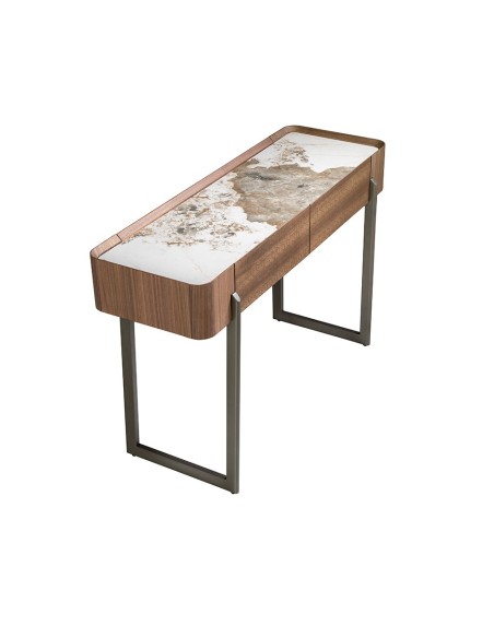Consola rectangular mármol porcelánico, nogal y acero visón metal