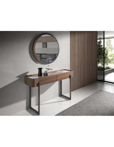 Consola rectangular mármol porcelánico, nogal y acero visón metal