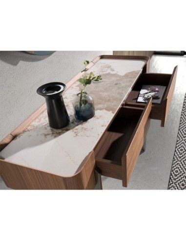 Consola rectangular mármol porcelánico, nogal y...