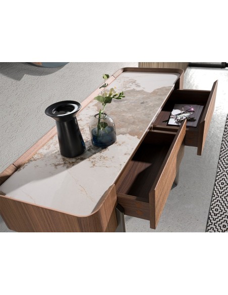 Consola rectangular mármol porcelánico, nogal y acero visón metal