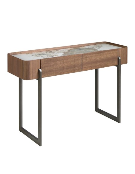 Consola rectangular mármol porcelánico, nogal y acero visón metal
