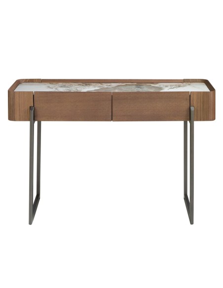 Consola rectangular mármol porcelánico, nogal y acero visón metal