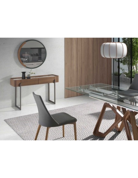 Consola rectangular mármol porcelánico, nogal y acero visón metal