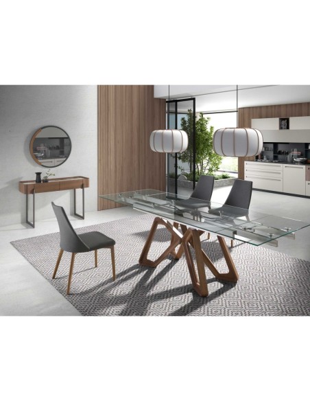 Consola rectangular mármol porcelánico, nogal y acero visón metal