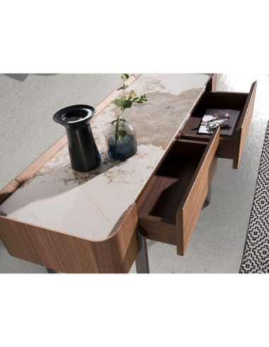 Consola rectangular mármol porcelánico, nogal y...