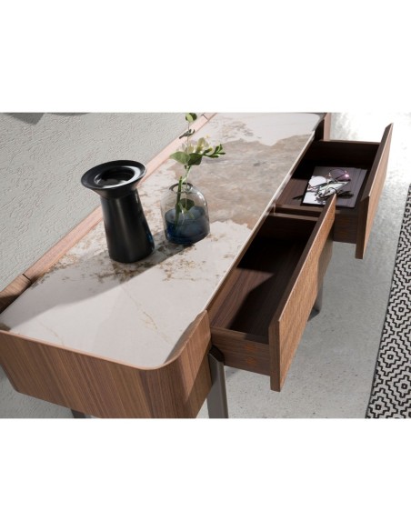 Consola rectangular mármol porcelánico, nogal y acero visón metal