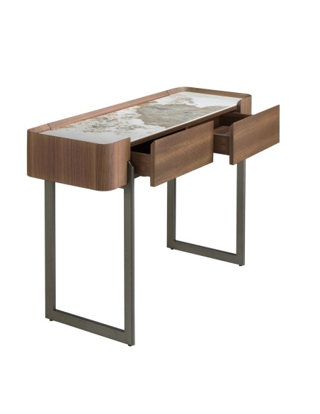 Consola rectangular mármol porcelánico, nogal y acero visón metal