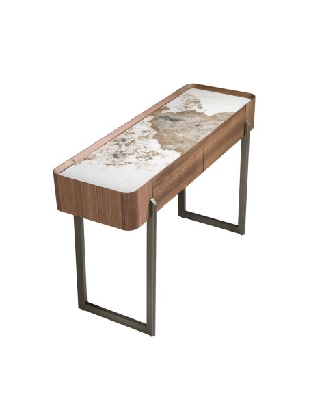 Consola rectangular mármol porcelánico, nogal y acero visón metal