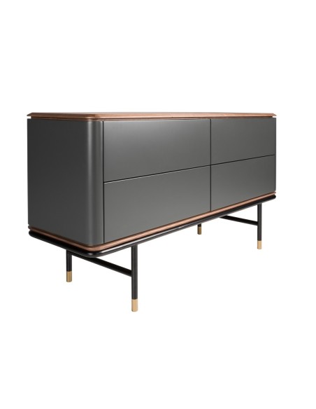 Cómoda madera gris oscuro, acero negro y tapa de nogal