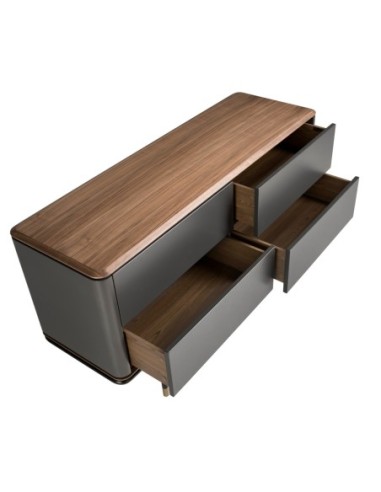 Cómoda madera gris oscuro, acero negro y tapa...