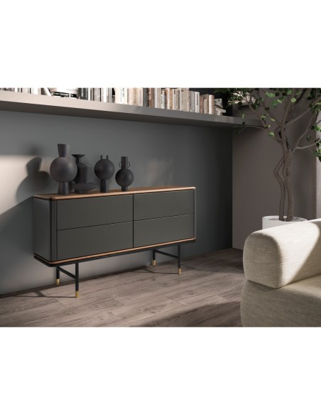 Cómoda madera gris oscuro, acero negro y tapa de nogal