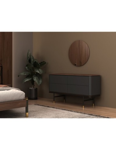 Cómoda madera gris oscuro, acero negro y tapa...