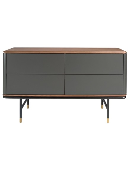 Cómoda madera gris oscuro, acero negro y tapa de nogal