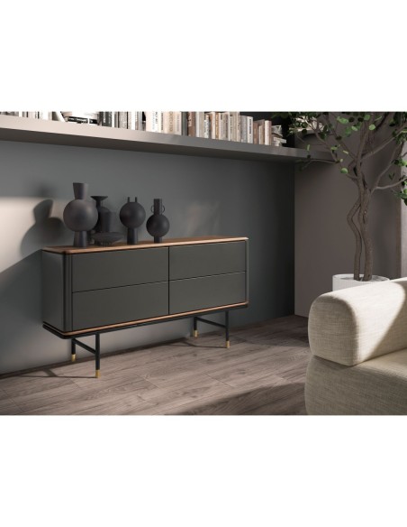 Cómoda madera gris oscuro, acero negro y tapa de nogal