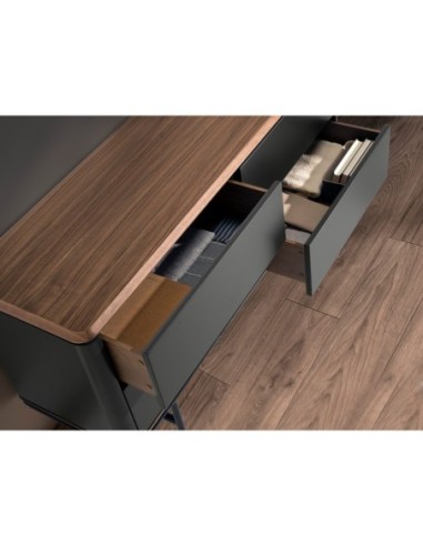Cómoda madera gris oscuro, acero negro y tapa...