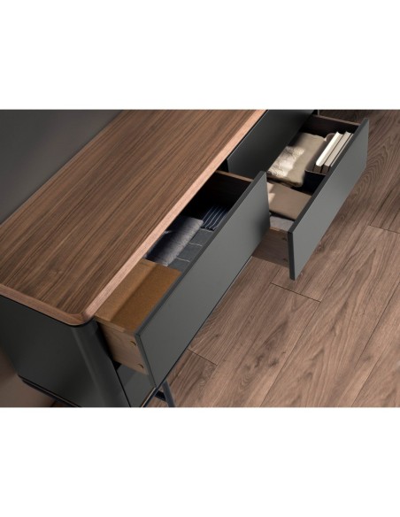 Cómoda madera gris oscuro, acero negro y tapa de nogal