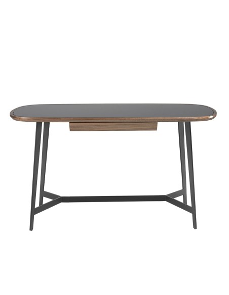 Escritorio nogal y acero negro con tapa de cristal negro