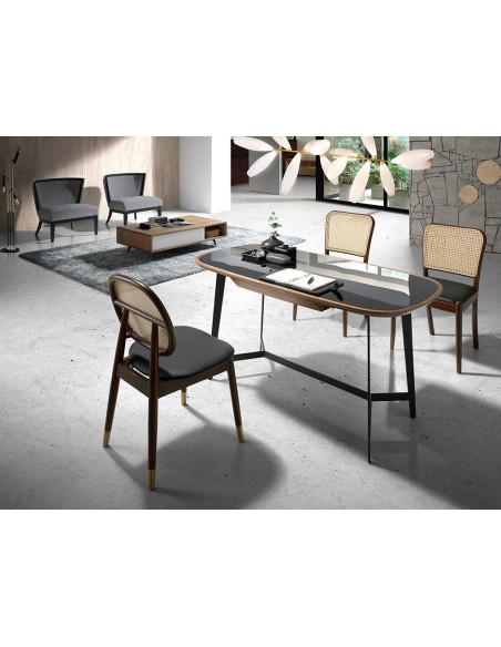 Escritorio nogal y acero negro con tapa de cristal negro