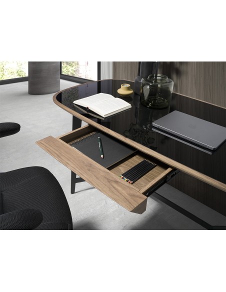 Escritorio nogal y acero negro con tapa de cristal negro