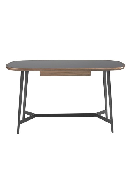 Escritorio nogal y acero negro con tapa de cristal negro