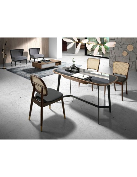 Escritorio nogal y acero negro con tapa de cristal negro